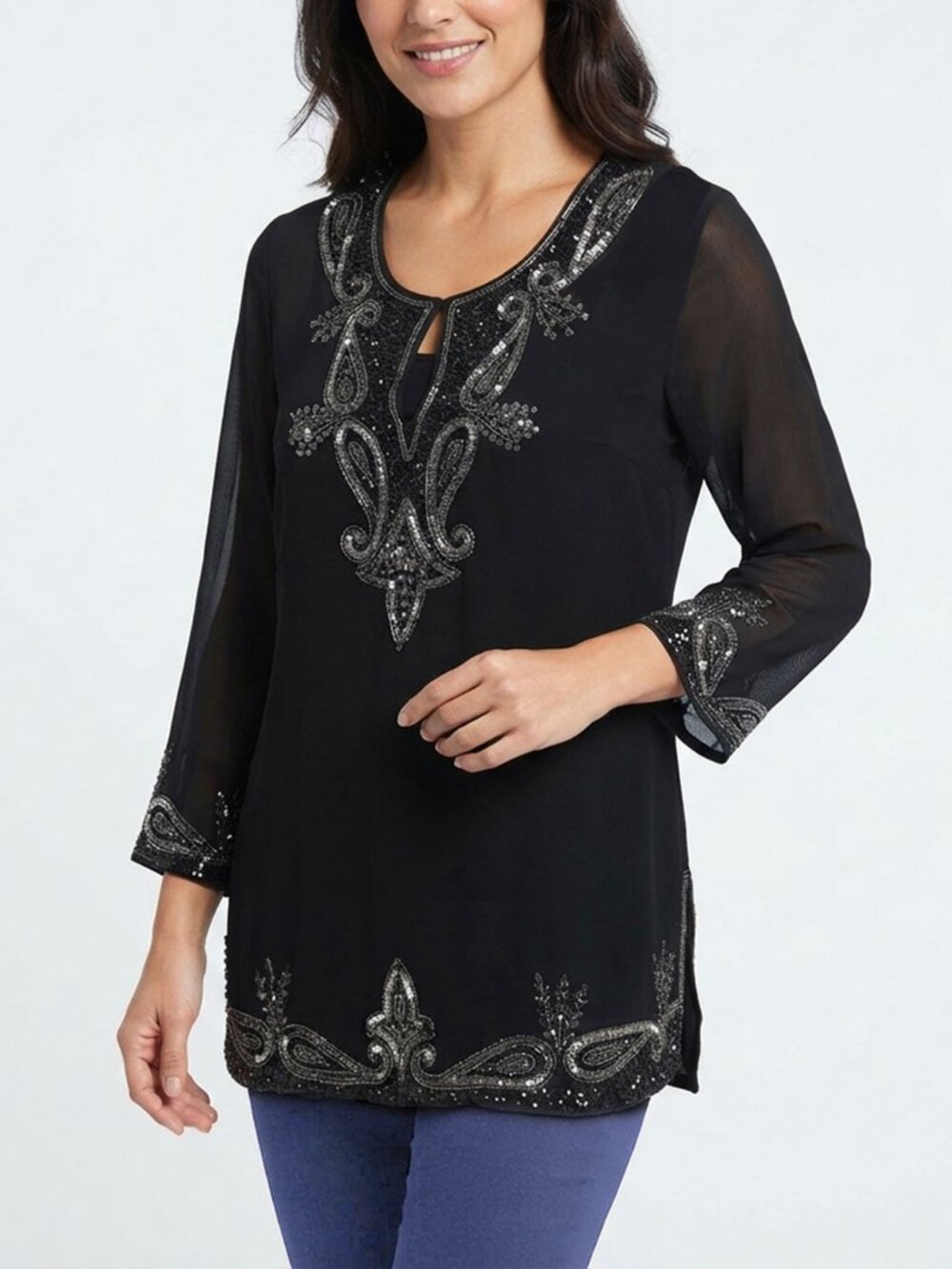 Vintage BCS Silk Sequin Embellished Tunic Top Black Metallic Bell Sleeves Small